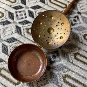 Copper,  brass and wood antique bed warmer -chestnut roaster pan -wall  decor